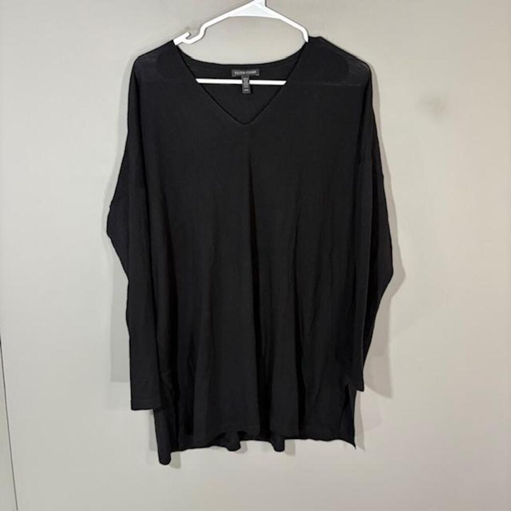 Eileen Fisher Sweater Womens Medium Black 100% Merino Wool V Neck Pullover Knit